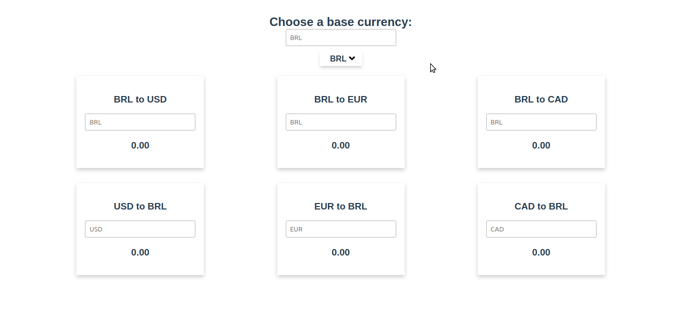 A GIF showing an all white static website with a field at the
							top center and 6 squares below it. The top field it's used to choose a base currency and type its value. While typing,
							the first 3 squares shows the value typed converted to USD, EUR and CAD. The three last squares do the inverted conversion,
							with empty fields.