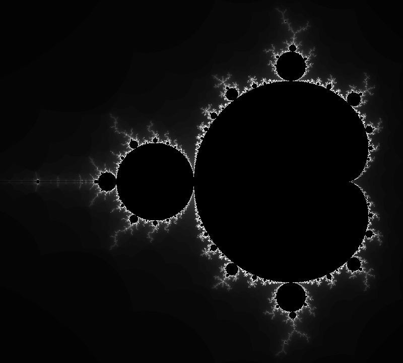 An almost entirely black image with a white bordered structure
									composed of two blobs: one in a cardioid format and the other, smaller, more round shape, glued next to each
									other, follewed by a straight thin line. These blobs appear to repeat around the edge of this structure, in a
									fractal manner.