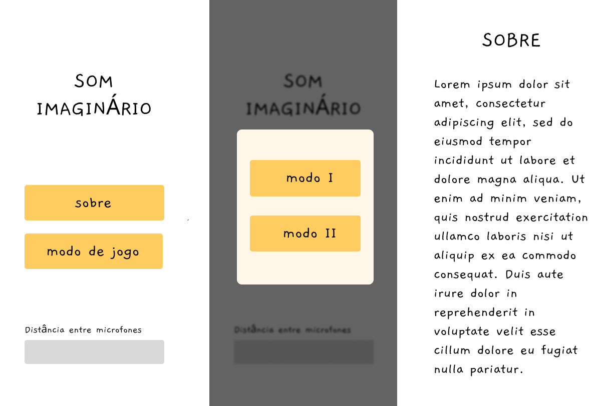 Three screens of the Som Imaginário app.